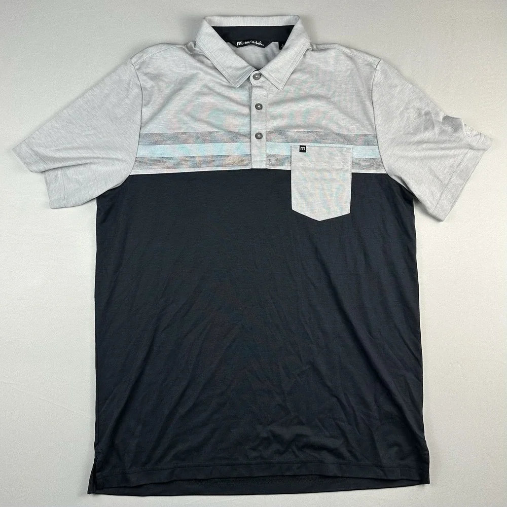 Travis Mathew Men's Striped Polo Shirt, Blue and Gray Embroided Performance Golf - Picture 2 of 6